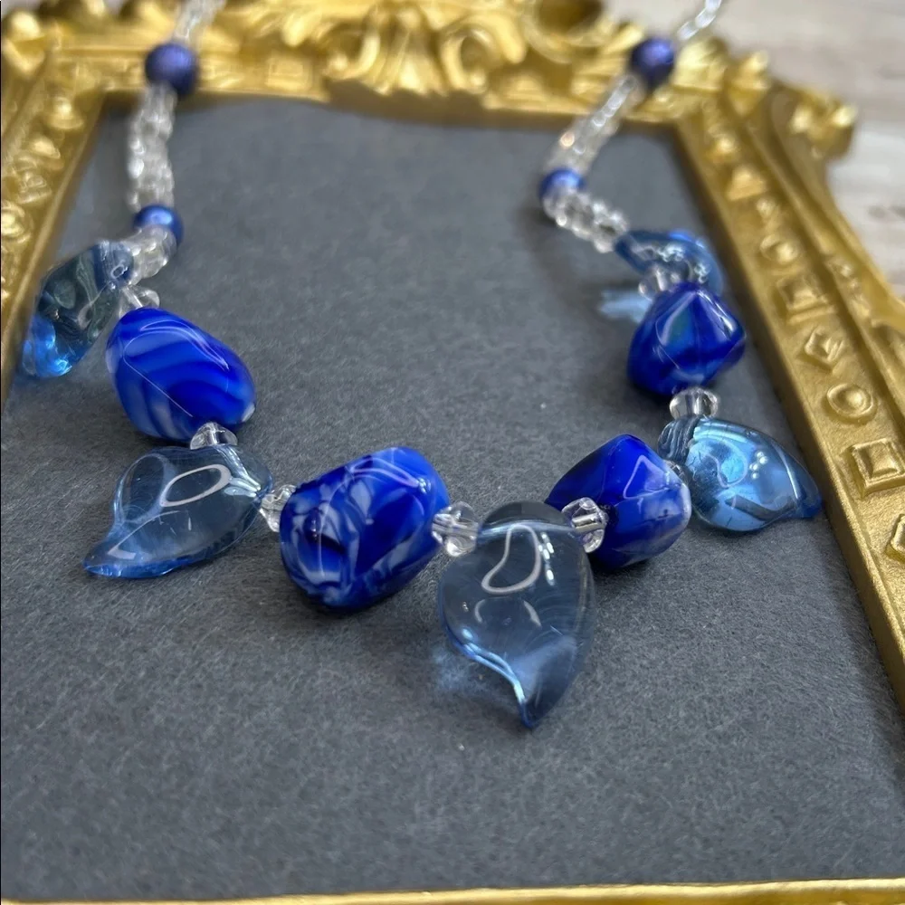 Blue Glass Hearts Beaded Necklace